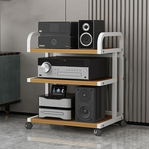 3/4/5 Tier HiFi Audio Rack Mobile Stereo Stand with Wheels Multimedia Support Shelf Turntable Storage Unit White & Wood Finish for HiFi Equipment
