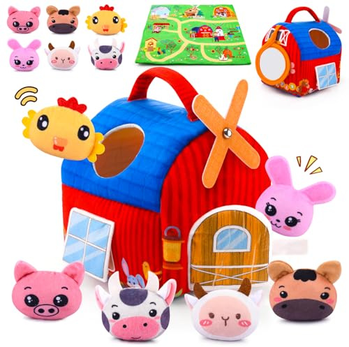 Auney Baby Spielzeug 6-12 Monate,Bauernhof Montessori Spielzeug 6 Monate mit Bauernhoftierem,Scheune,Rassel,Spiegel - Montessori Spielzeug Baby Geschenk ab 1 Jahr