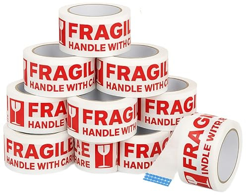 Iberplace Pack Cinta de Embalar FRAGILE 48 mm x 66 m – Pack de 12 rollos, blanco con texto rojo, adhesivo acrílico low noise, Easy Peel, precinto profesional para cajas, mudanzas y e-commerce