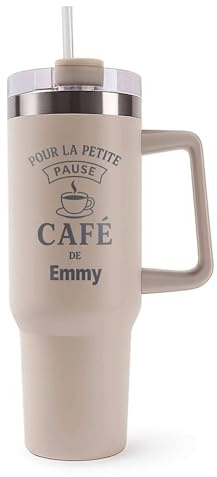 Mug Isotherme 1,2L - La Pause Café de Emmy Beige – Bouteille avec Anse, Paille et Couvercle – Idée Cadeau Gourde Personnalisée Café