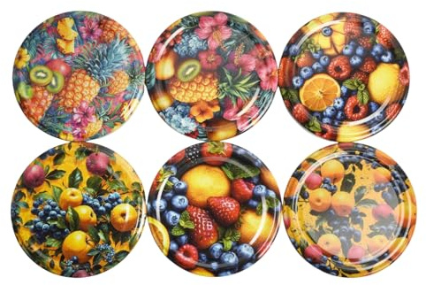 50x Glass Jar Lids Twist Off 82mm Metal Replacement Caps for Jam Honey Pickle Vegetables Fruits Plain Colors Metal Preserving Lid (Mixed Fruits - Tropical)