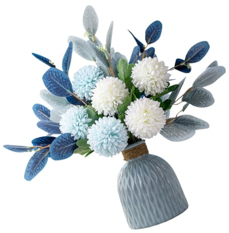 TOMETURE Bouquet con Vaso di Ceramica Blu Decorazione Floreale Artificiale Ortensie Fiori Finti per Matrimonio e Arredamento Casa