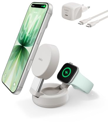 Belkin UltraCharge Pro 2-in-1 Qi2 Induktive Ladestation, 25W – Sandfarben | Verstellbar, Qi2.2-zertifiziert, MagSafe Kompatibles Kabelloses Ladegerät für iPhone, Apple Watch, Ohrhörer, mit 45W Netzteil