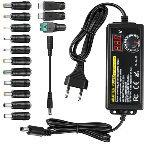 72W Adaptateur Secteur Réglable avec Affichage LED Tension et 14 Adapter | 3V-24V 3A Alimentation Universel Multi Voltage pour Appareils Electroniques Domestiques Routeur Bande LED Speaker