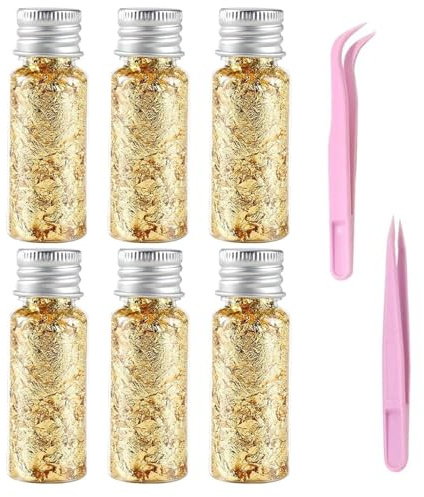 BIVYAX Foglia oro per decorazione creativa, 6 bottiglie di foglia oro con pinzette per pasticceria, nail art e hobby