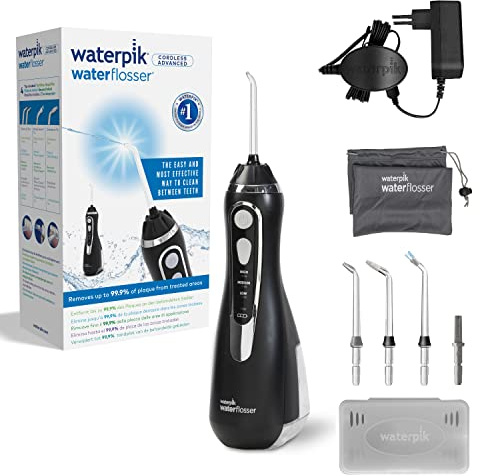 Waterpik Idropulsore Dentale Portatile Cordless Advanced, 3 Impostazioni di Pressione, Strumento Rimozione Placca Dentale Ideale per Viaggi o Bagni Piccoli, Batteria Ricaricabile, Nero (WP-562EU)