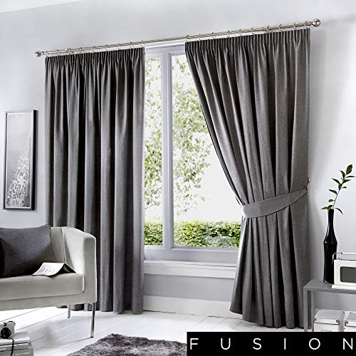 Fusion Sorbonne Charcoal Grey Pencil Pleat Curtains – W90 x L90 (229 x 229cm) – 2 Panels – Thermal Blackout Drapes – Dark Grey Window Treatment for Bedroom & Living Room – Soft Cotton