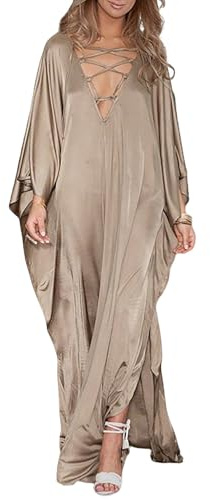 Bsubseach 2026 Long Kaftan Dresses Muumuu Plus Size V Neck Vintage Caftan Coverup Sexy Polyester Dress Gold