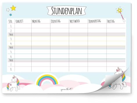 younikat Stundenplan Papier Block 25 Blatt Einhorn Blau - DIN A4 - dv630 | Zum Beschriften und Abreißen, 25 Blätter, 120 g/m² Recyclingpapier, geleimt auf Graukarton, zum Schulanfang, Einschulung