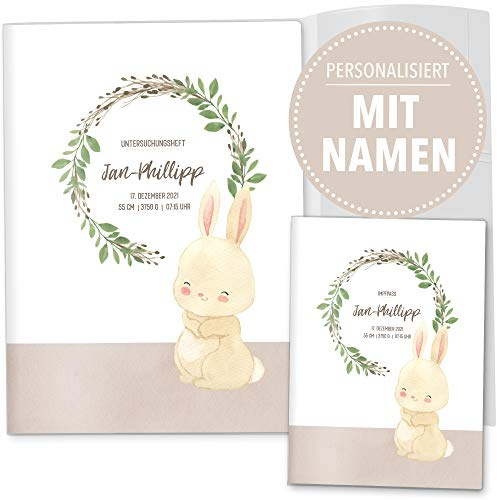 OLGS Personalisiertes U-Heft & Impfpasshüllen Set | Cute Forest Hase | Schutzhüllen für den Untersuchungsheft und Impfpass mit Waldtiere-Design | Ideal für Kinder (Uhefthüllen Set, personalisiert)