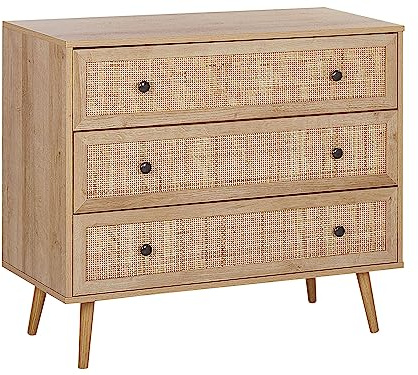Beliani Moderne Kommode rechteckige Form 3 Rattan-Schubladen Heller Holzfarbton Ponca