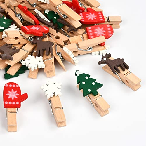 KATELUO 50 Stück Weihnachten Holz Clips, Weihnachten Wäscheklammern, Klammern Weihnachten, Mini Holzklammern Weihnachten, zum Dekorieren von Weihnachten, Fotowänden, Postkarten, Papiertüten etc.