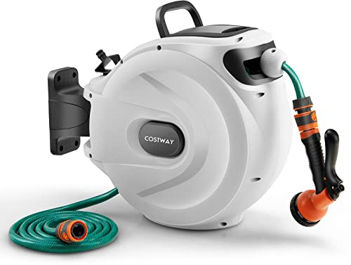 COSTWAY Retractable Hose Reel, 8 in 1 Nozzle Wall Mounted Garden Hose with 15+1M/20+2M/30+2M Pipe, Hose Locking Mechanism, 180°Swivel & Auto Rewind Design (White, 30+2M Pipe, 41.5 x 23 x 40cm)