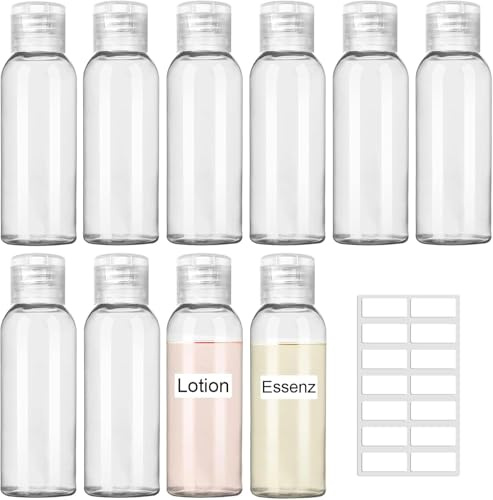 REJOECE 15 Piezas Botes Viaje Rellenables 50ml Botes de Viaje Avion, Botellas de Viaje, Envases para Viajar en Avion, Botellas de Plástico para Rellenar, Cosmético, Perfumes | Botellas de viaje para artículos de tocador, botellas de plástico con etiquetas para champú, loción