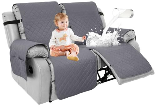 RAPRAP 100% Waterproof Recliner Sofa Covers, Non-Slip Recliner Chair Cover 2 Seat, Washable Recliner Armchair Covers with Pockets for Dog, Pets, Kids,Grey,2 Seats