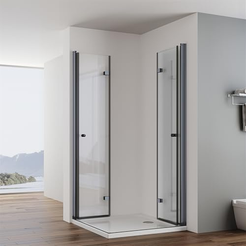 IMPTS Duschkabine Schwarz 80x100cm Eckeinstieg Falttür Doppel Drehfalttür Rahmenlos Faltdusche 180º Duschabtrennung Faltbar 6mm ESG Sicherheitsglas Höhe 185cm, OHNE Duschwanne