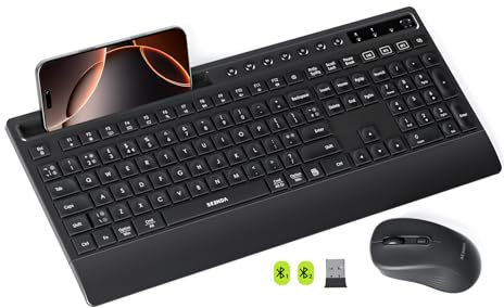 seenda Bluetooth Keyboard and Mouse, Multi-Device Ergonomic Keyboard Mouse with Wrist Rest, Phone Holder, Full Size Wireless Quiet Combo Compatible for Windows, Laptop, MacBook Pro/Air, iPad - Black