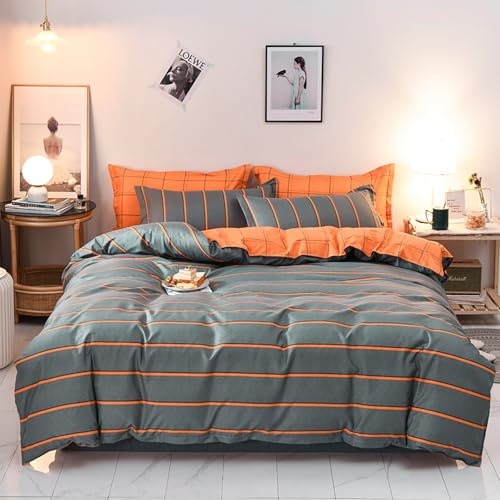 Tabeskly Jungen Kinder Gestreifte Reversible Bettwäsche Einzelne Bettdecke-Sets Mit Reißverschluss Orange Blau 135×200cm