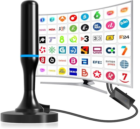 Antena TV Interior Potente con Amplificador, Antena portatil TV Recepción 360° Omnidireccional 4K 1080P, Antena Interior TV, Canales Locales Sin Suscripción, Antena TDT Interior - Cable 9.8ft