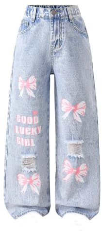 Générique Jean Fille 8-13 Ans Large Déchiré Pantalon Jeans Enfant Fille Droite Taille Haute Elastique Nœud Retro Streetwear Jean Cargo Denim Ample Automne Casual (Bleu, 8-9 Ans)