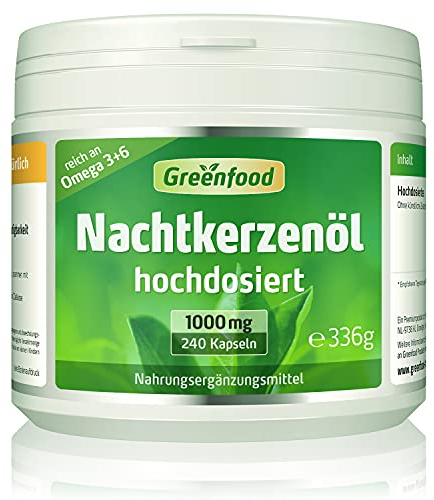 Nachtkerzenöl Kapseln, hochdosiert, 1000mg - 240 Softgels. Reich an Omega-6 (GLA) und natürlichem Vitamin E (Zellschutz). OHNE künstliche Zusätze - laborgeprüft. Von Greenfood.