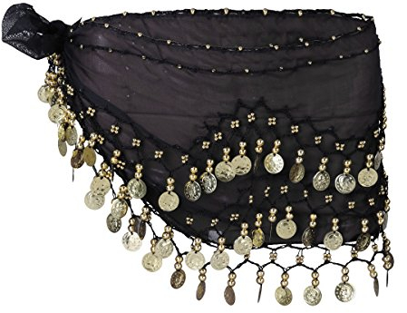 LUOEM Damen Bauchtanz Gürtel, Chiffon Hüfttuch, Tanztuch mit Münzen für Bauchtanz (schwarz)
