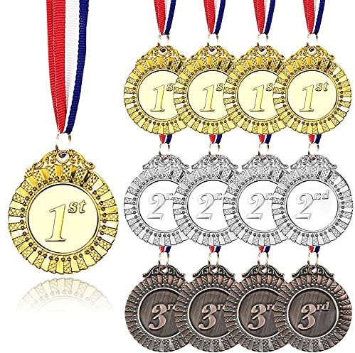 12 Pieces Metal Winner Gold Silver Bronze Award Medals with Red White Blue Neck Ribbon 2 Inch by MOMOONNON