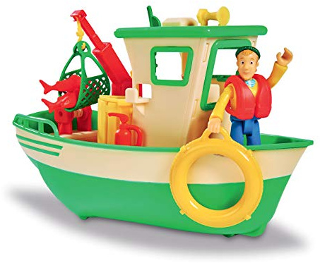 Simba 109251074002 - Sam Le Pompier - Barca da Pesca Galleggiante - Gru Mobile + argano Meccanico - 1 Statuetta Inclusa - Verde