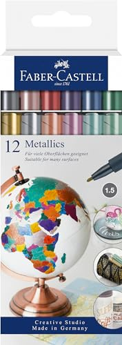 Faber-Castell - Metallics Marker Set, 12 Farben, 1,5 mm Strichstärke | Für viele Oberflächen geeignet, mit Metalliceffekt