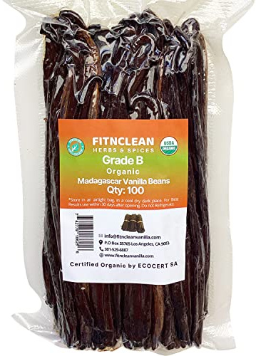 100 Organic Vanilla Beans Madagascar Grade B for extract, Cooking and Baking. Certified USDA Organic. 5-7 by FITNCLEAN VANILLA| Whole NON-GMO Bourbon Pods