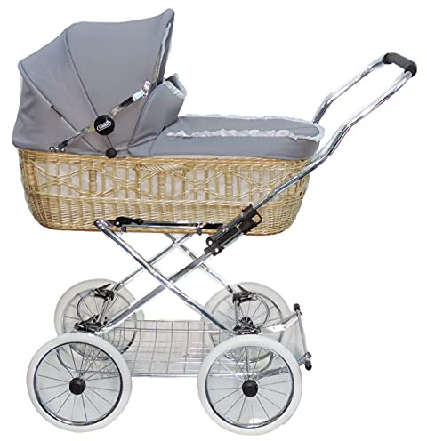 EICHHORN Kinderwagen Weidenkorb - Kinderwagen aus echter Weide, handgeflochten, Korb Weide Natur, Stoff Silbergrau