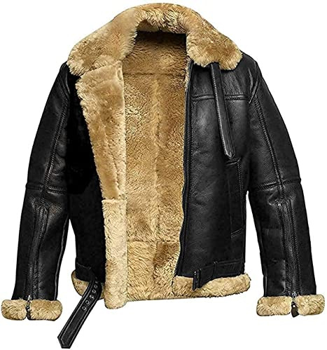 HiFacon Herren Aviator RAF B3 Ginger Shearling Schaffell Bomber Lederjacke Flying
