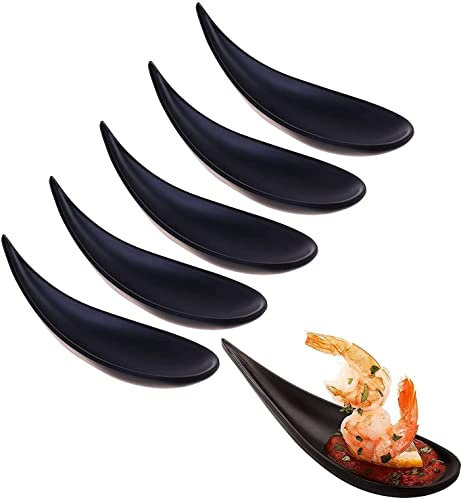 xingzhi a Pack of 6 Pieces of Melamine Black Teardrop Appetizer Plate Dessert Tasting Spoon Small mini Bowl Sushi Appetizer Japanese Tableware Set Snack