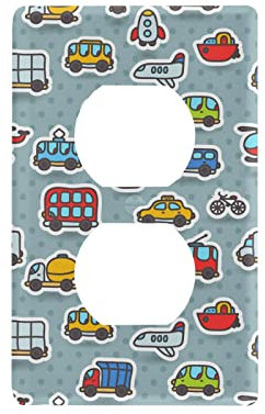 Seamless Cute Cartoon Hand Drawn Transport Bus Airplane Rocket Boat Duplex Outlets Print Toggle Wall Plate, Switch Plate Cover for Living Room Bedroom Bathroom Office and School