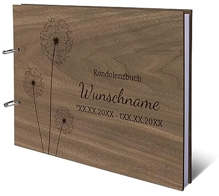 Personalisiertes Kondolenzbuch echtes Holz DIN A4 Gästebuch mit Lasergravur - Pusteblume - mit 72 Blatt / 144 Seiten Naturpapier Weiß