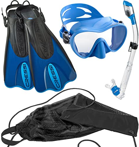 Cressi Italian Design Premium Tempered Glass Lens Frameless Scuba Snorkeling Dive Mask - Dry Snorkel - and Palau Short Snorkeling Fin Set, Blue, Adult