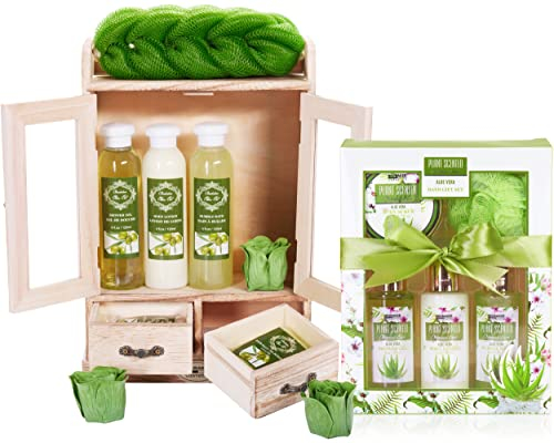 BRUBAKER Cosmetics 2 in 1 Pflegeset Olive & Aloe Vera - Großes 15-teiliges Wellness Set - Damen Dusch- und Badeset - Frauen Beauty Geschenkset mit Deko Holzschrank