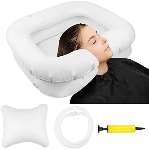 Lavatesta Gonfiabile Portatile per Parrucchieri, Lavandino Mobile con Cuscino Piccolo, Drain Tubo, Bacinella Bacino per Lavaggio Capelli, 60x55x22cm Bianco