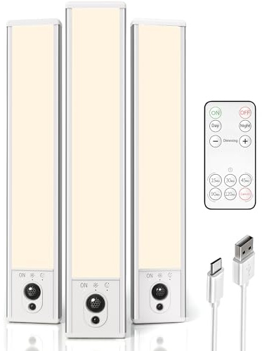 EZVALO 3-Pack Under Cabinet Lighting, 2400mAh Motion Sensor Light, LED Closet Lights Wireless, 3000K Dimmable, Timer, Magnetic, with Remote Control for Kitchen, Closet, Stair