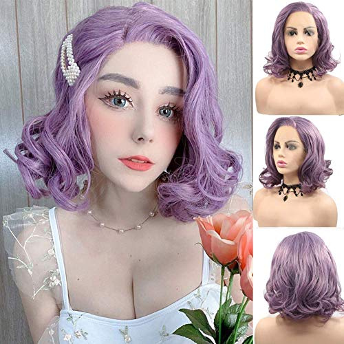 AFBeauty Peluca corta de encaje de aspecto realista, color morado degradado, fibra sintética resistente al calor, sin pegamento, para mujeres, mujeres, mujeres, cosplay, Hallowen y fiesta, 14 pulgadas