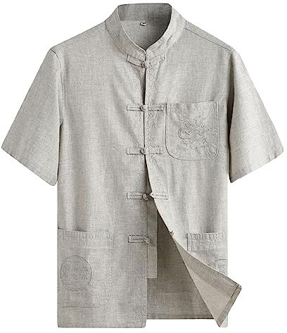 Rubruan Chinesischer Tang Stil Hemd – Traditionelle Kurzärmelige Sommerkleidung mit Bestickten Drachen Stehkragen 3D-Musterstickerei Kampfkunst Kung Fu Herren Uniform - Leinentuch