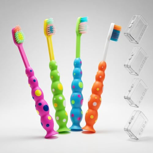 B Rush Toddle/Kids Toothbrushes, Soft Flossing Bristles, Child Sized Brush Heads (3+), Suction Cup for Fun & Easy Storage, Girl & Boy Set, Plaque Remover Brushes Individually Wrapped, Travel Pack of 4