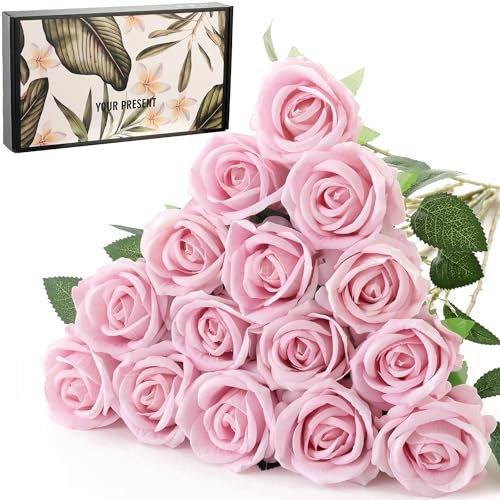 Cloudecor 15 Stück kleine künstliche Rosen, Samt, fühlt sich echt an, einzelner Stiel, künstliche Rosen, Seide, realistische Blumen, Arrangements, Heimbüro, Party, Hochzeitsdekoration (Perlrosen, rosa