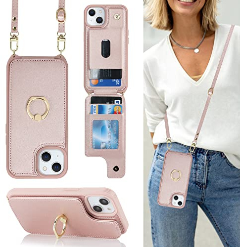Cavor Phone Case compatible with iPhone 14/13 With Card Holder With Lanyard Strap,Flip Leather Wallet Case,Ring Kickstand Shockproof Cover Case compatible with iPhone 14/13 - Rose gold