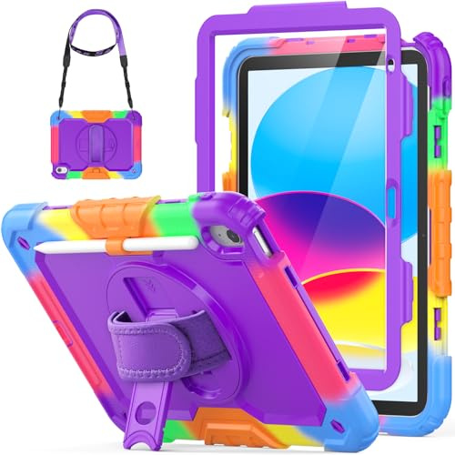 SEYMCY Kids Case for iPad (A16) 11th/10th Generation 11/10.9 2025/2022 | Full-body Shockproof with Screen Protector, 360° Rotating Stand & Hand Strap, Shoulder Strap, Pencil Holder, Purple