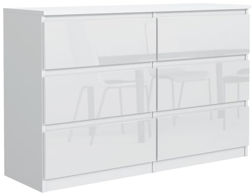 MebLocker Commode 140 cm, 6 tiroirs, Blanc avec des Façades Brillantes
