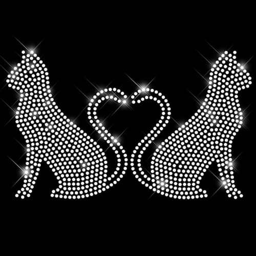Glitzerdeals Bügelbilder Karneval Strass Katzen Herz Katzenpaar Aufbügler für Textilien Katze Bügelmotiv Katzen Strass Bügelbild Katze
