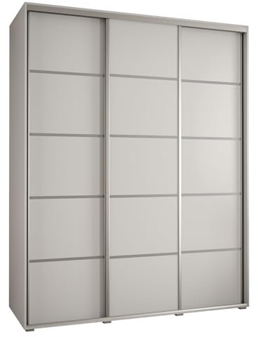 MEBLE KRYSPOL Cannes 4 Moderner Schrank mit 3 Schiebetüren mit Stange, Regale - Aufbewahrungsschrank für Schlafzimmer, Wohnzimmer - 205,2x200x60 cm - Weiß Weiß Silber