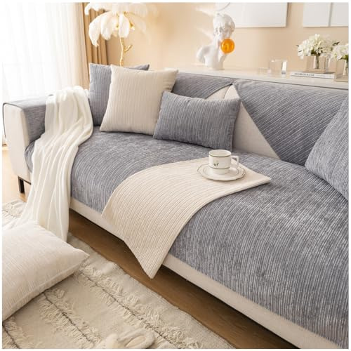 NUODWELL Chenille Sofabezüge 1/2/3/4 Sitzer, rutschfeste Sofabezug für alle Jahreszeiten mit rutschfesten Silikonpartikeln, Ecksofabezug, Möbelschutz, Couchbezug (Grau, 90 x 210 cm)