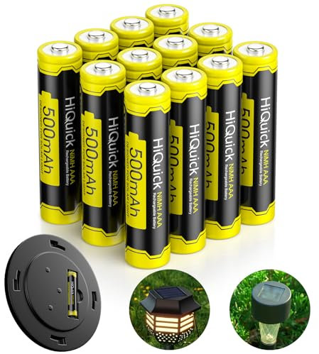 HiQuick Solar Batteries Ni-MH AAA Rechargeable Batteries Trible A 1.2V Solar Battery for Garden Solar Lights String Lights, Solar Pathway Lights (AAA-500mAh-12pack)